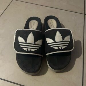 Adidas Black and White Trefoil Slides